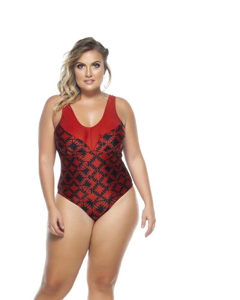 Front of a model wearing a size 28 Swimsuit With Detail In Necklace in Orange by Lehona. | dia_product_style_image_id:267734